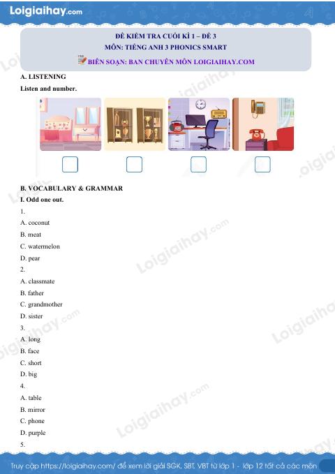 Đề thi học kì 1 Tiếng Anh 3 Phonics Smart - Đề số 3
